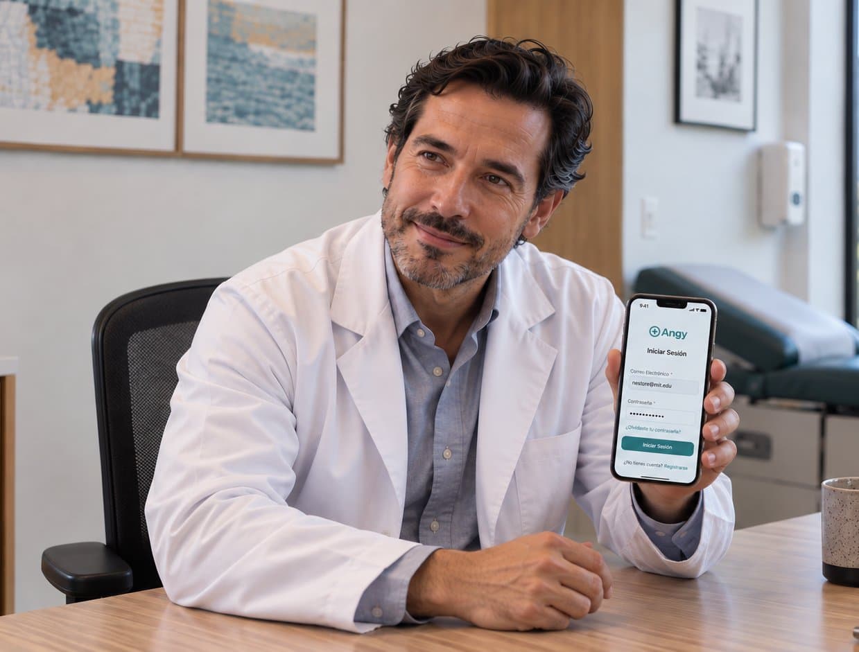 Médico mostrando Angy en su celular