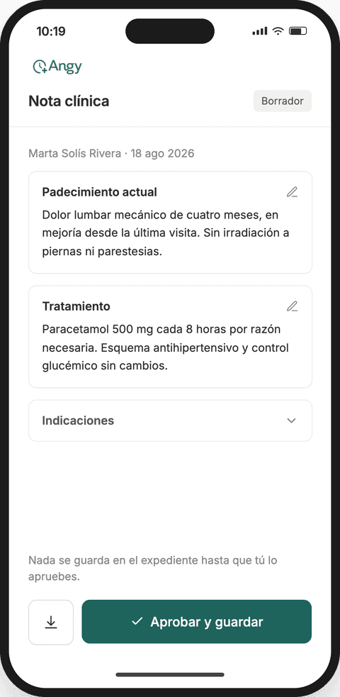 Borrador de nota clínica en Angy, listo para aprobar