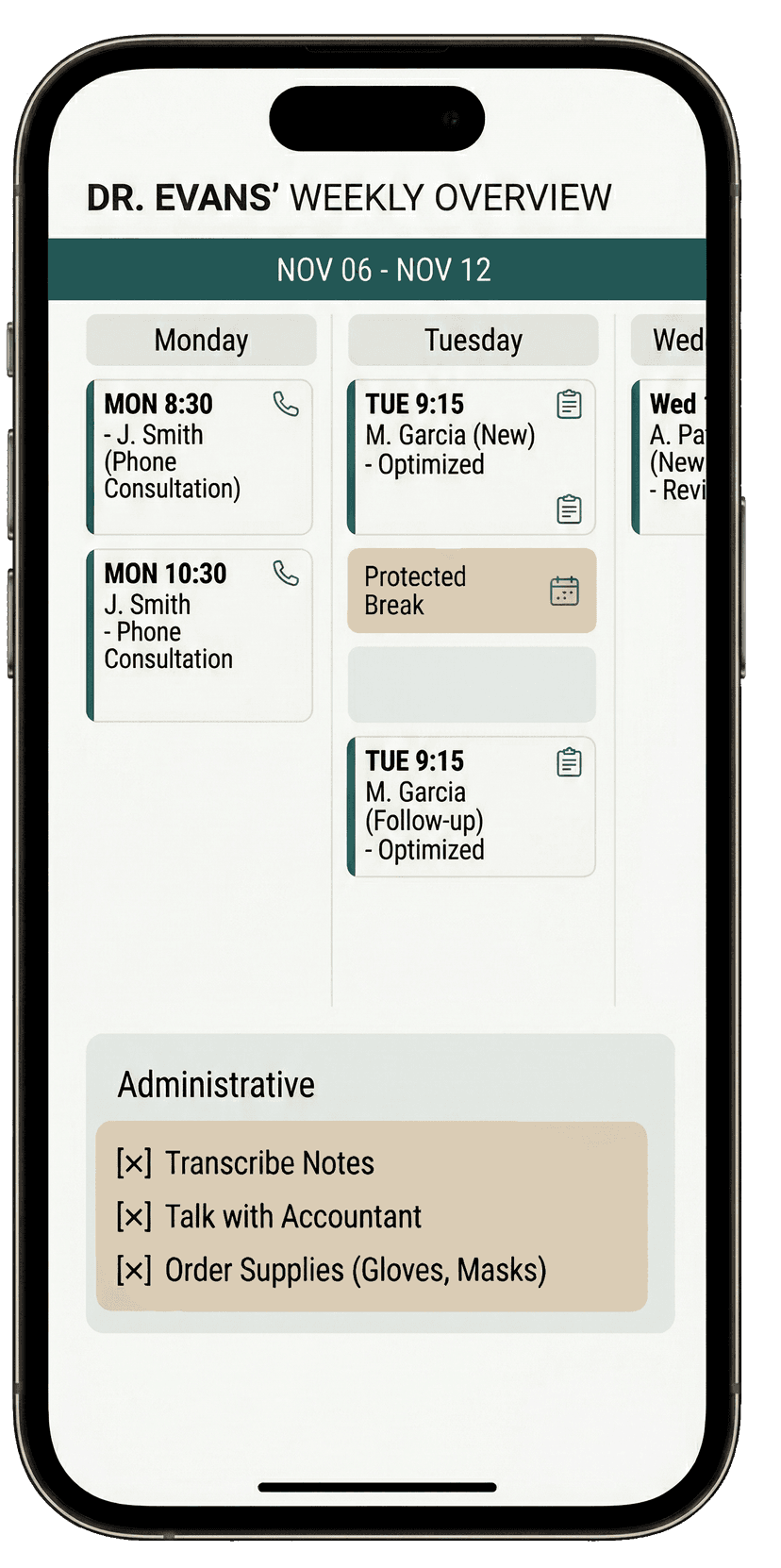 Dr. Evans' Weekly Overview - Angy schedule management interface